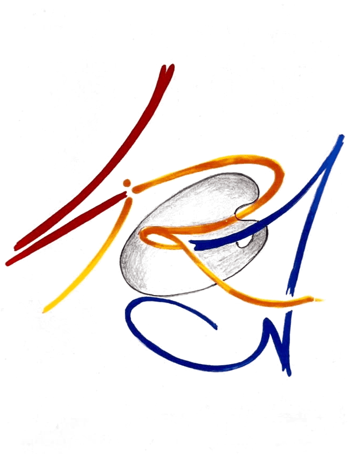 Le logo de LRAN : les lettres L, R, A et N tracées au feutre rouge, orange et bleu, entrelacées par-dessus une palette de peintre au crayon ; au-dessus du R, un point et deux traits écartés forment un personnage aux bras ouverts